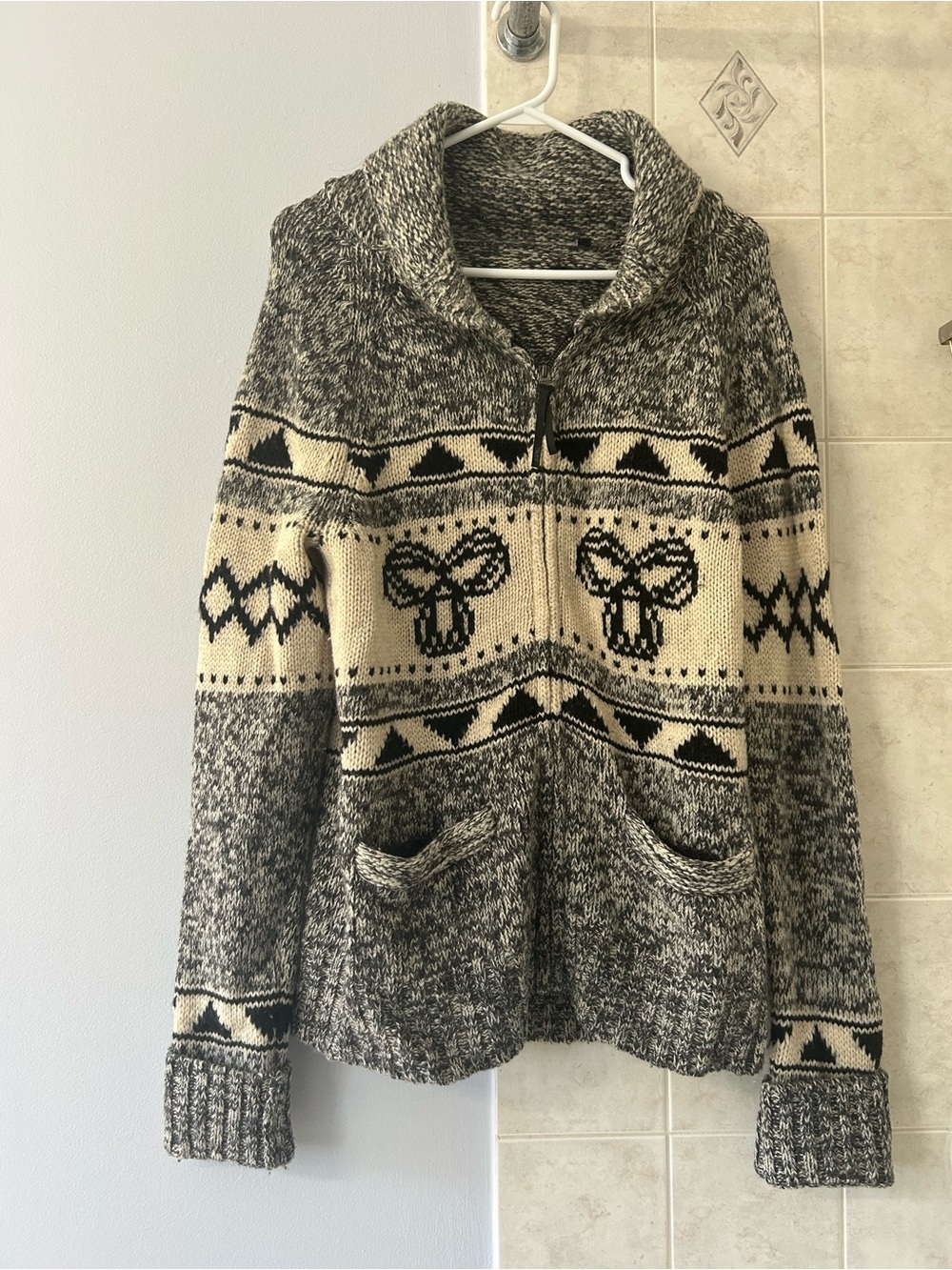 TNA Shawl Collar Zip Cardigan in Black & Cream